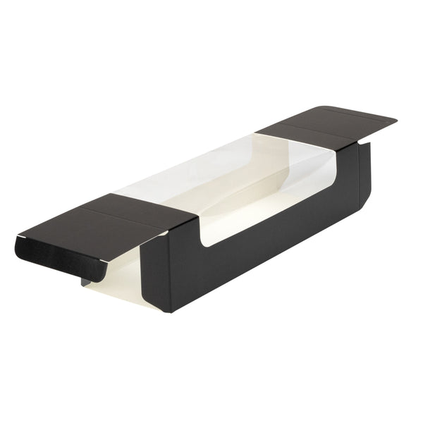Restaurantware Pastry Tek Black Paper Pastry / Cake Box - With Window - 9 3/4" X 3 1/4" X 2 1/4" - 100 Count Box