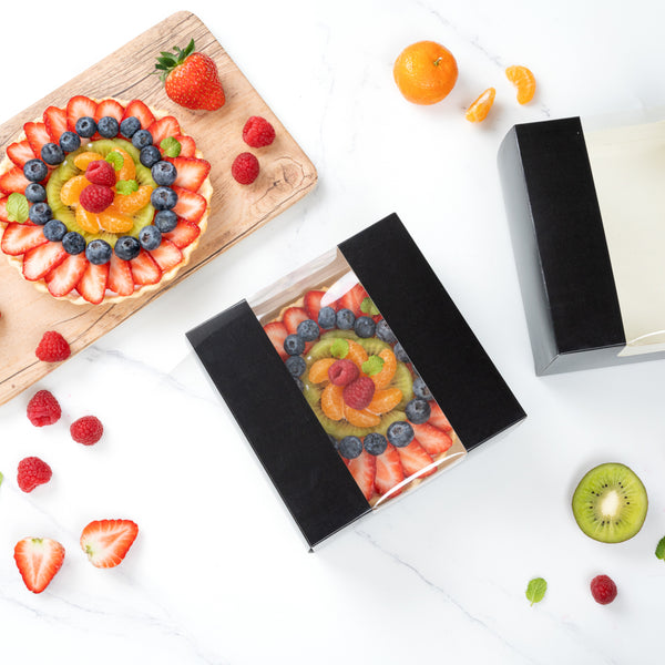 Restaurantware Pastry Tek Black Paper Pastry / Cake Box - With Window - 6 1/4" X 6 1/4" X 3 1/4" - 100 Count Box