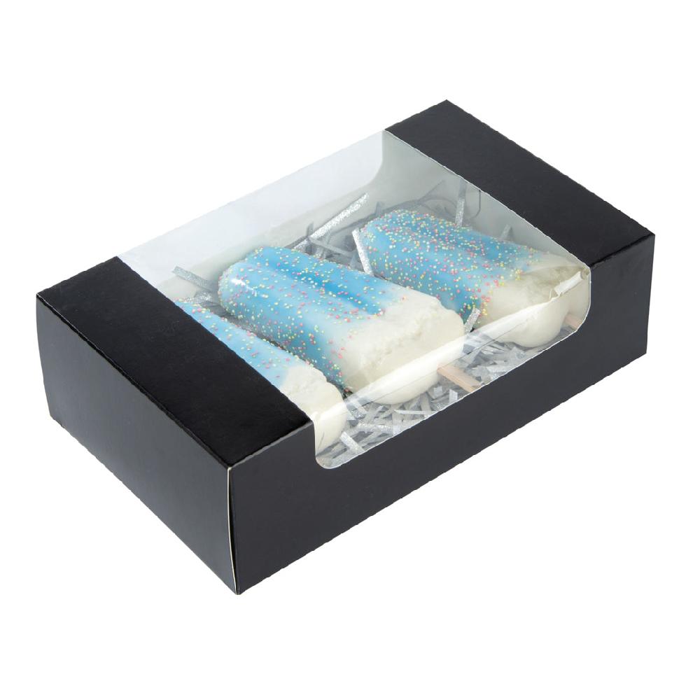 restaurantware Pastry Tek Black Paper Pastry / Cake Box - with Window - 7 3/4" x 4 3/4" x 2 1/4" - 100 count box