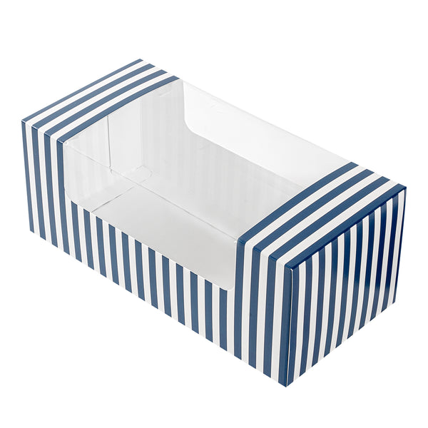 Restaurantware Pastry Tek Blue And White Stripe Paper Pastry / Cake Box - With Window - 9 3/4" X 4 3/4" X 4" - 100 Count Box