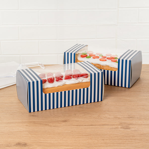 Restaurantware Pastry Tek Blue And White Stripe Paper Pastry / Cake Box - With Window - 9 3/4" X 4 3/4" X 4" - 100 Count Box