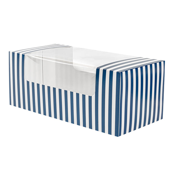 Restaurantware Pastry Tek Blue And White Stripe Paper Pastry / Cake Box - With Window - 9 3/4" X 4 3/4" X 4" - 100 Count Box