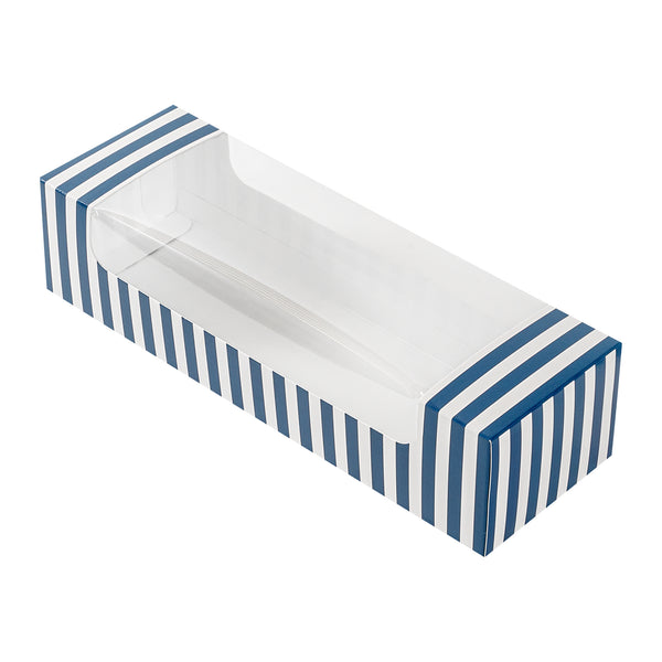 Restaurantware Pastry Tek Blue And White Stripe Paper Pastry / Cake Box - With Window - 9 3/4" X 3 1/4" X 2 1/4" - 100 Count Box