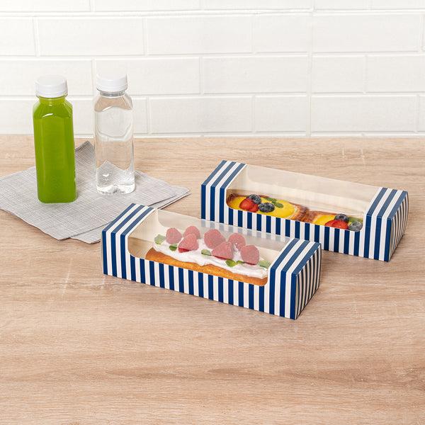 Restaurantware Pastry Tek Blue And White Stripe Paper Pastry / Cake Box - With Window - 9 3/4" X 3 1/4" X 2 1/4" - 100 Count Box