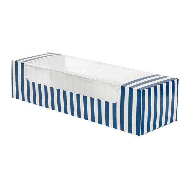 Restaurantware Pastry Tek Blue And White Stripe Paper Pastry / Cake Box - With Window - 9 3/4" X 3 1/4" X 2 1/4" - 100 Count Box