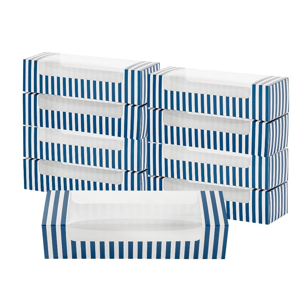 restaurantware Pastry Tek Blue and White Stripe Paper Pastry / Cake Box - with Window - 9 3/4" x 3 1/4" x 2 1/4" - 100 count box