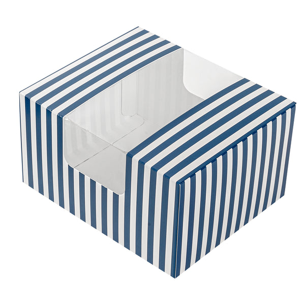 Restaurantware Pastry Tek Blue And White Stripe Paper Pastry / Cake Box - With Window - 7" X 6" X 4"- 100 Count Box