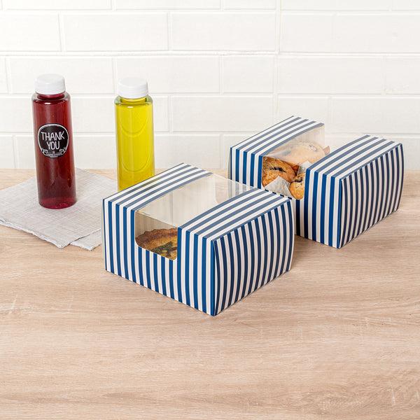 Restaurantware Pastry Tek Blue And White Stripe Paper Pastry / Cake Box - With Window - 7" X 6" X 4"- 100 Count Box