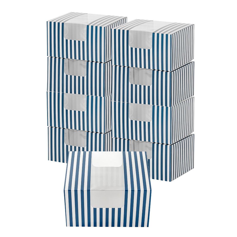 restaurantware Pastry Tek Blue and White Stripe Paper Pastry / Cake Box - with Window - 7" x 6" x 4"- 100 count box