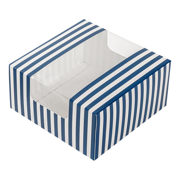 Restaurantware Pastry Tek Blue And White Stripe Paper Pastry / Cake Box - With Window - 6 1/4" X 6 1/4" X 3 1/4" - 100 Count Box