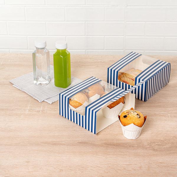 Restaurantware Pastry Tek Blue And White Stripe Paper Pastry / Cake Box - With Window - 6 1/4" X 6 1/4" X 3 1/4" - 100 Count Box