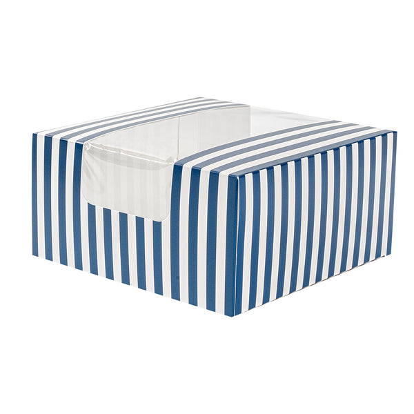 Restaurantware Pastry Tek Blue And White Stripe Paper Pastry / Cake Box - With Window - 6 1/4" X 6 1/4" X 3 1/4" - 100 Count Box