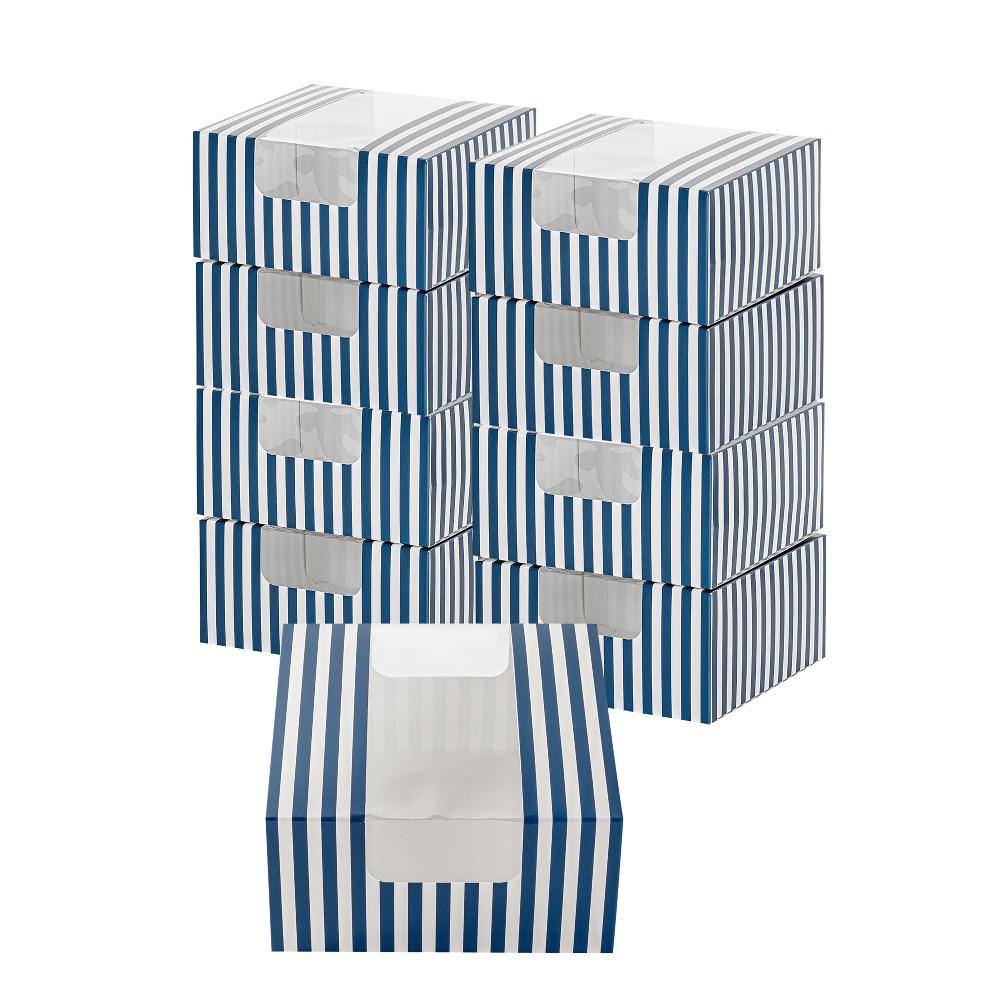 restaurantware Pastry Tek Blue and White Stripe Paper Pastry / Cake Box - with Window - 6 1/4" x 6 1/4" x 3 1/4" - 100 count box