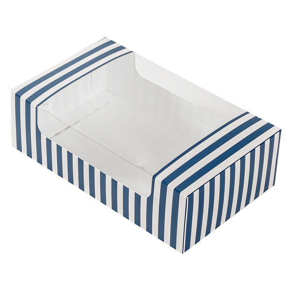 Restaurantware Pastry Tek Blue And White Stripe Paper Pastry / Cake Box - With Window - 7 3/4" X 4 3/4" X 2 1/4" - 100 Count Box