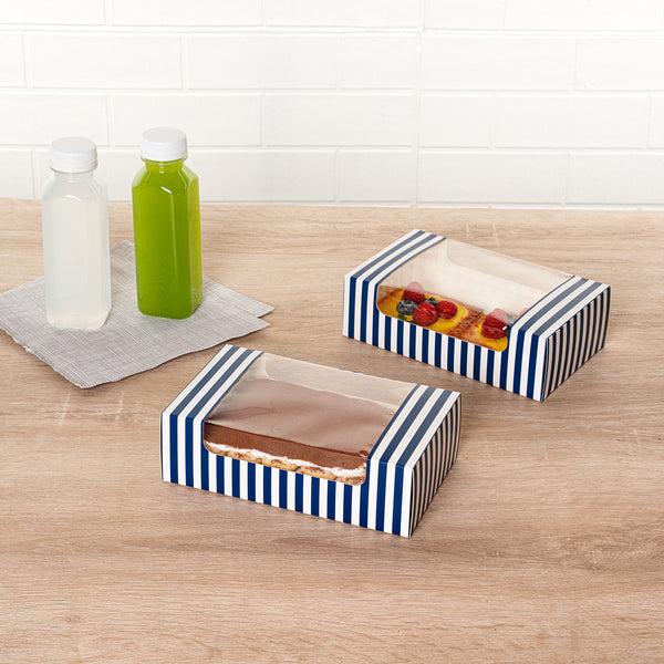 Restaurantware Pastry Tek Blue And White Stripe Paper Pastry / Cake Box - With Window - 7 3/4" X 4 3/4" X 2 1/4" - 100 Count Box