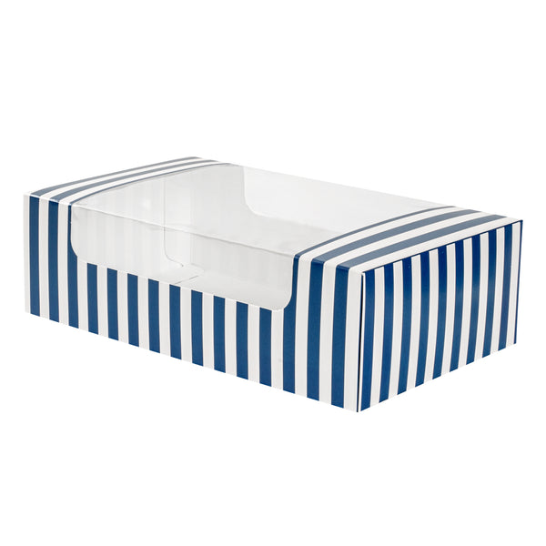 Restaurantware Pastry Tek Blue And White Stripe Paper Pastry / Cake Box - With Window - 7 3/4" X 4 3/4" X 2 1/4" - 100 Count Box