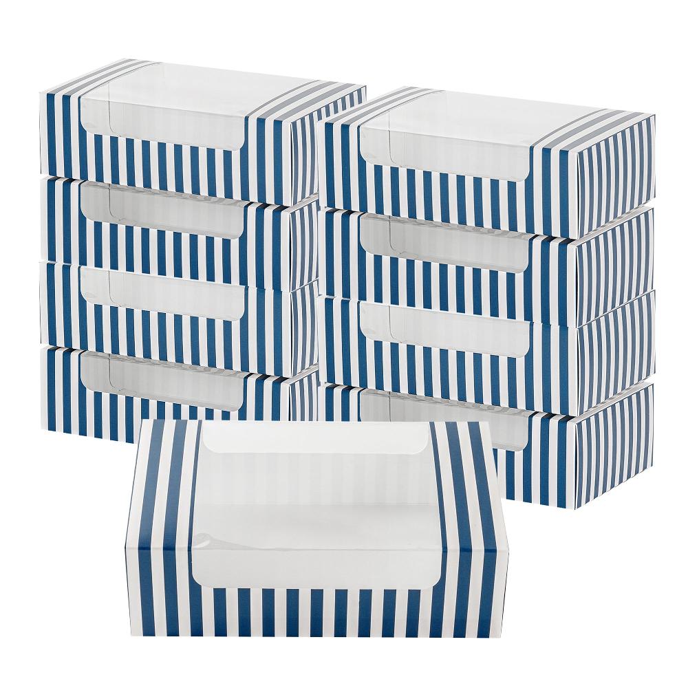 restaurantware Pastry Tek Blue and White Stripe Paper Pastry / Cake Box - with Window - 7 3/4" x 4 3/4" x 2 1/4" - 100 count box
