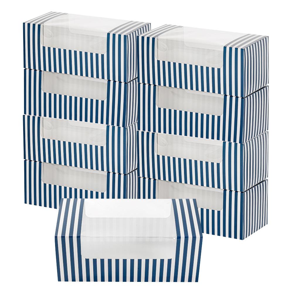 restaurantware Pastry Tek Blue and White Stripe Paper Pastry / Cake Box - with Window - 9 3/4" x 4 3/4" x 4" - 100 count box