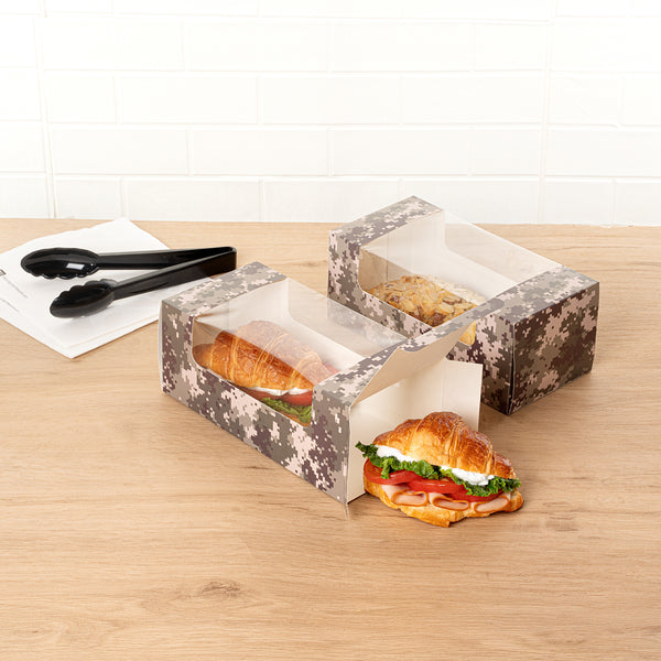 Restaurantware Pastry Tek Camouflage Paper Pastry / Cake Box - With Window - 9 3/4" X 4 3/4" X 4" - 100 Count Box