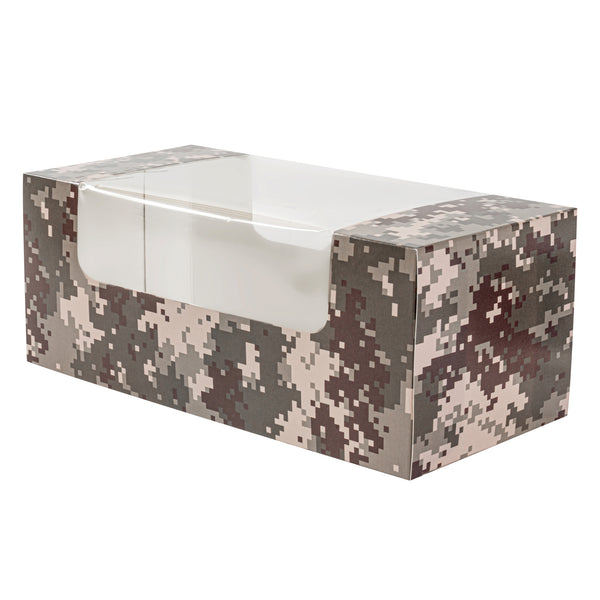 Restaurantware Pastry Tek Camouflage Paper Pastry / Cake Box - With Window - 9 3/4" X 4 3/4" X 4" - 100 Count Box