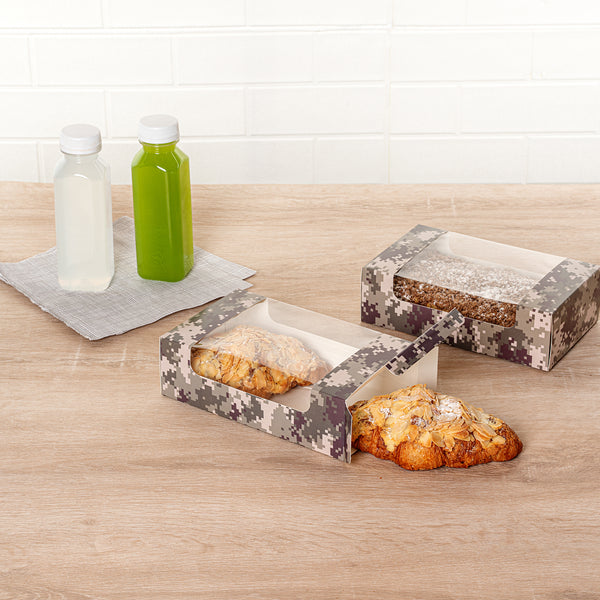 Restaurantware Pastry Tek Camouflage Paper Pastry / Cake Box - With Window - 7 3/4" X 4 3/4" X 2 1/4" - 100 Count Box