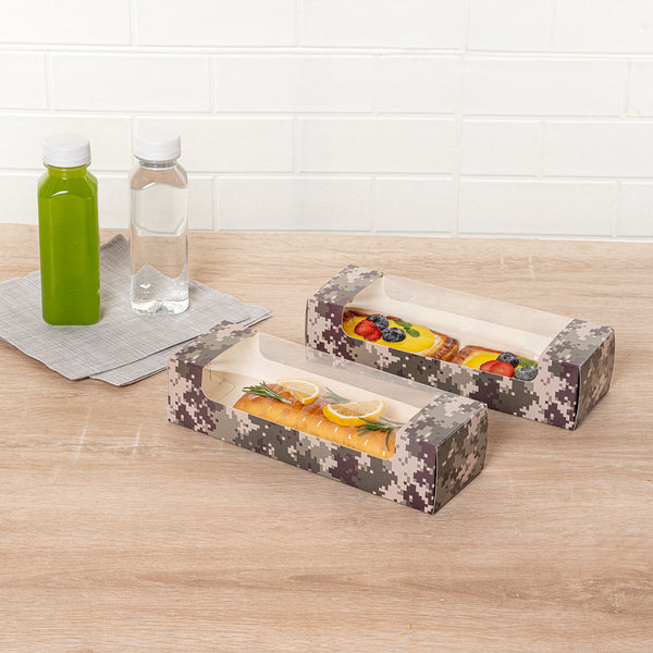 Restaurantware Pastry Tek Camouflage Paper Pastry / Cake Box - With Window - 9 3/4" X 3 1/4" X 2 1/4" - 100 Count Box
