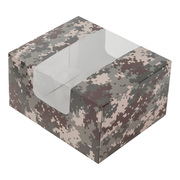 Restaurantware Pastry Tek Camouflage Paper Pastry / Cake Box - With Window - 7" X 6" X 4" - 100 Count Box