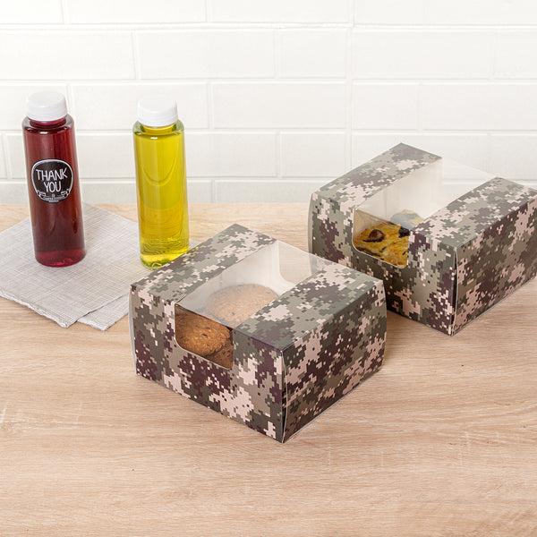 Restaurantware Pastry Tek Camouflage Paper Pastry / Cake Box - With Window - 7" X 6" X 4" - 100 Count Box