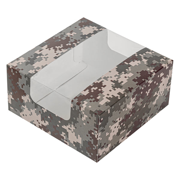 Restaurantware Pastry Tek Camouflage Paper Pastry / Cake Box - With Window - 6 1/4" X 6 1/4" X 3 1/4" - 100 Count Box