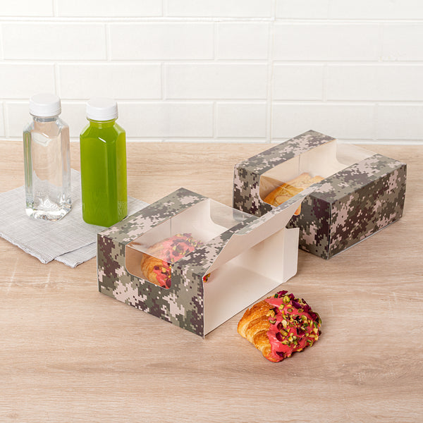 Restaurantware Pastry Tek Camouflage Paper Pastry / Cake Box - With Window - 6 1/4" X 6 1/4" X 3 1/4" - 100 Count Box