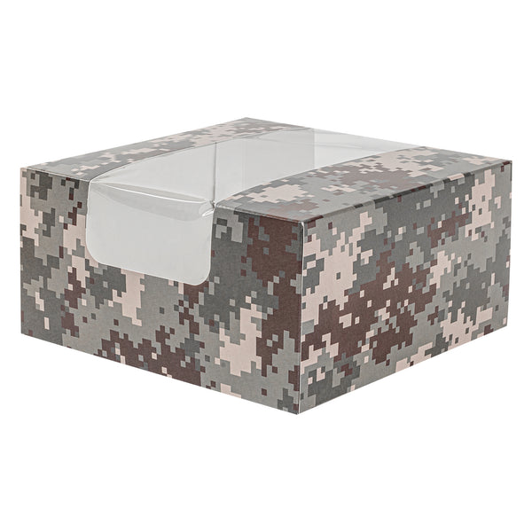Restaurantware Pastry Tek Camouflage Paper Pastry / Cake Box - With Window - 6 1/4" X 6 1/4" X 3 1/4" - 100 Count Box