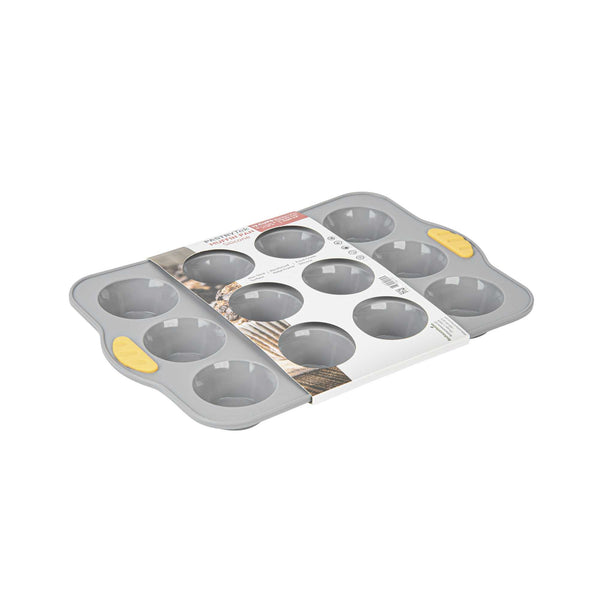 Restaurantware Pastry Tek Gray Silicone Muffin / Cupcake Pan - 12 Compartments Non-Stick With Handles - 13" X 9 1/4" X 1 1/4" - 10 Count Box