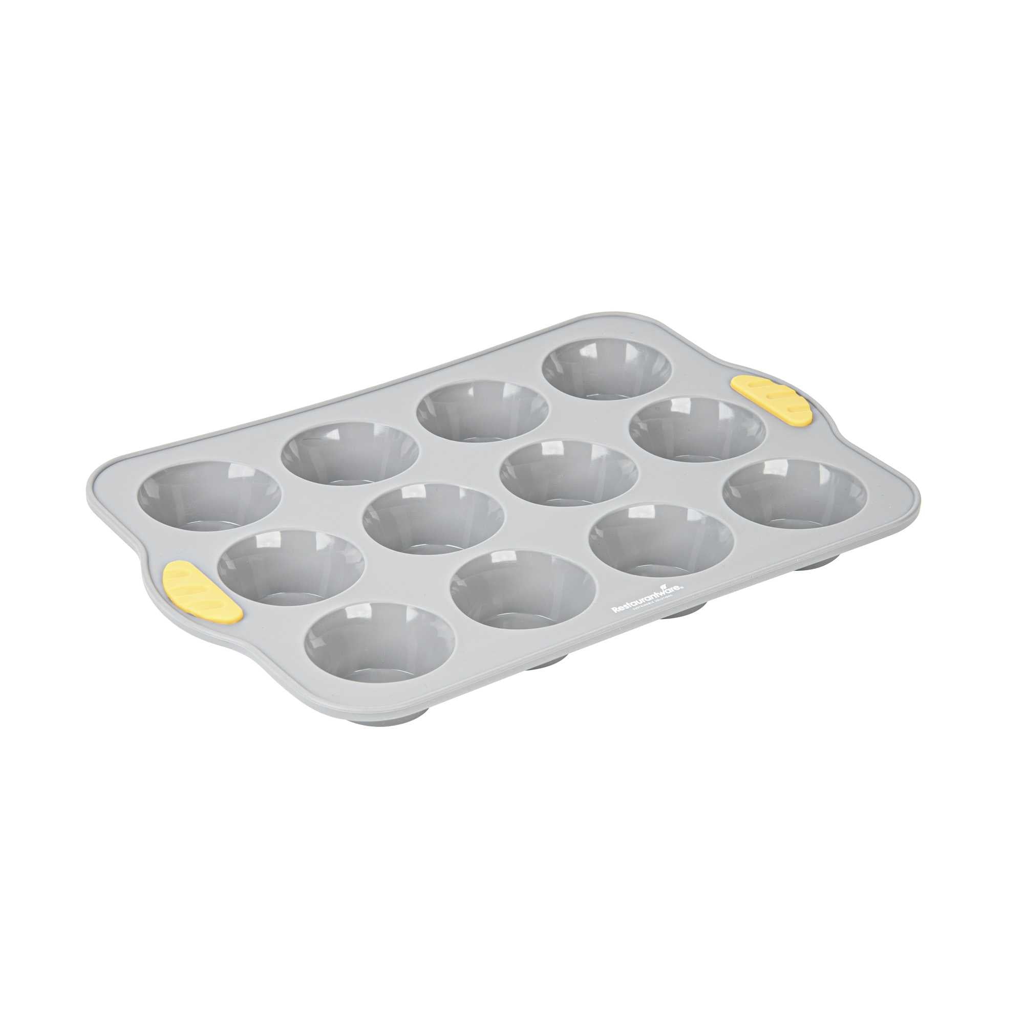 restaurantware Pastry Tek Gray Silicone Muffin / Cupcake Pan - 12 Compartments Non-Stick with Handles - 13" x 9 1/4" x 1 1/4" - 10 count box