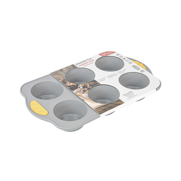 Restaurantware Pastry Tek Gray Silicone Muffin / Cupcake Pan - 6 Compartments Non-Stick With Handles - 11 1/2" X 7" X 1 1/2" - 10 Count Box