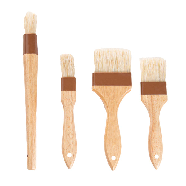 Restaurantware Pastry Tek Natural Wood Pastry / Basting Brush 4-Piece Set - With Boar Bristles - 1 Count Box
