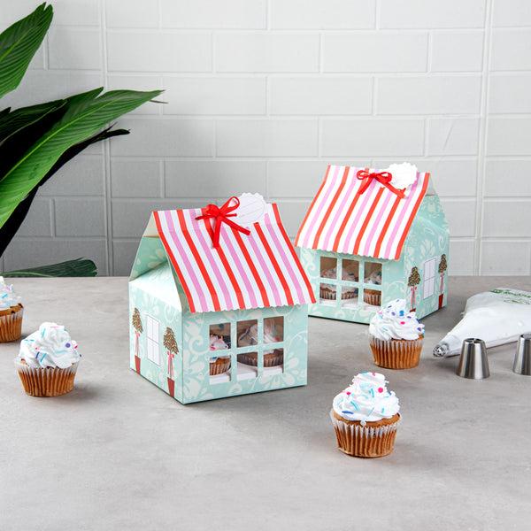 Restaurantware Pastry Tek Pink And Blue Paper Petite House Cupcake Window Gift Box - Fits 4 - 6" X 6" X 7 3/4" - 100 Count Box