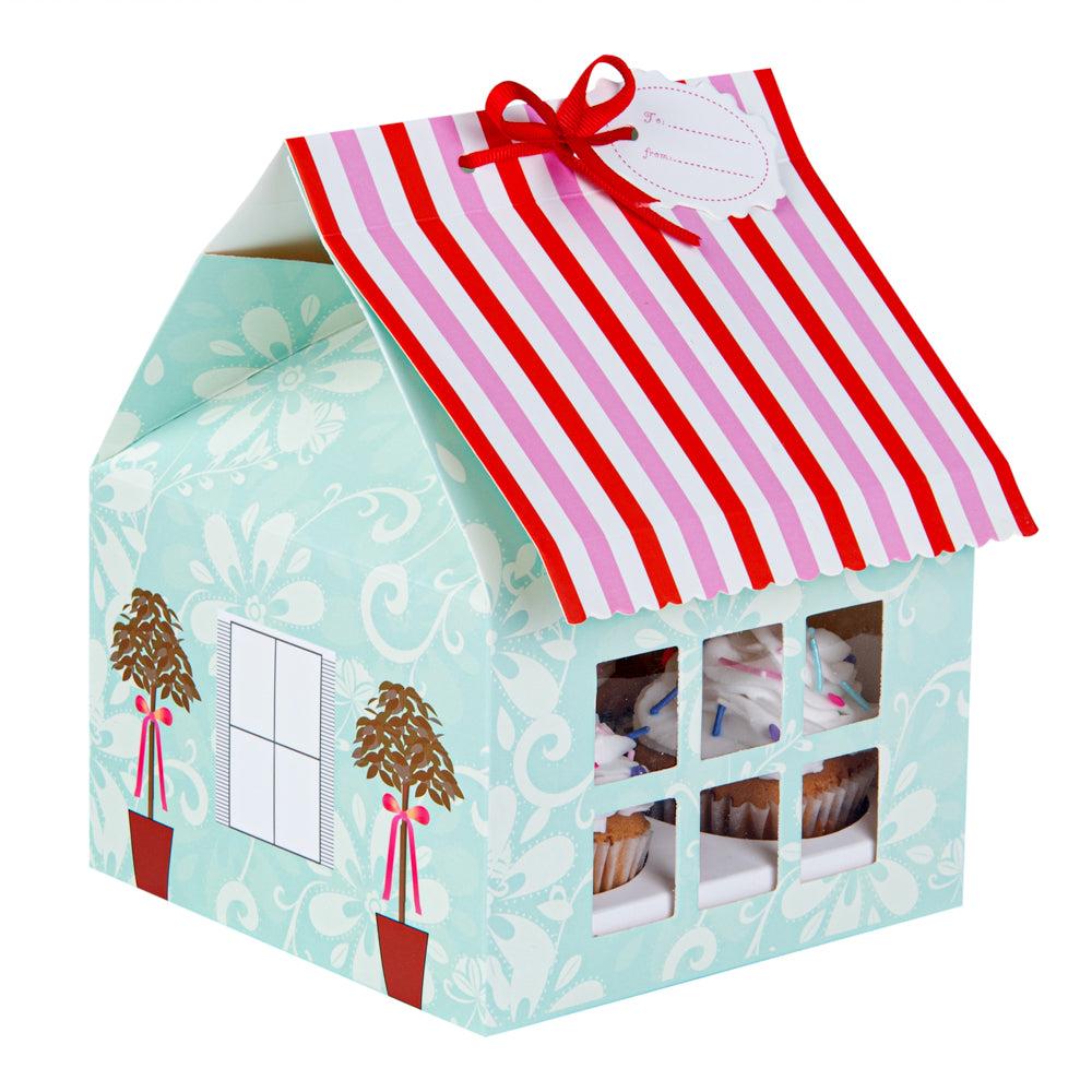 restaurantware Pastry Tek Pink and Blue Paper Petite House Cupcake Window Gift Box - Fits 4 - 6" x 6" x 7 3/4" - 100 count box