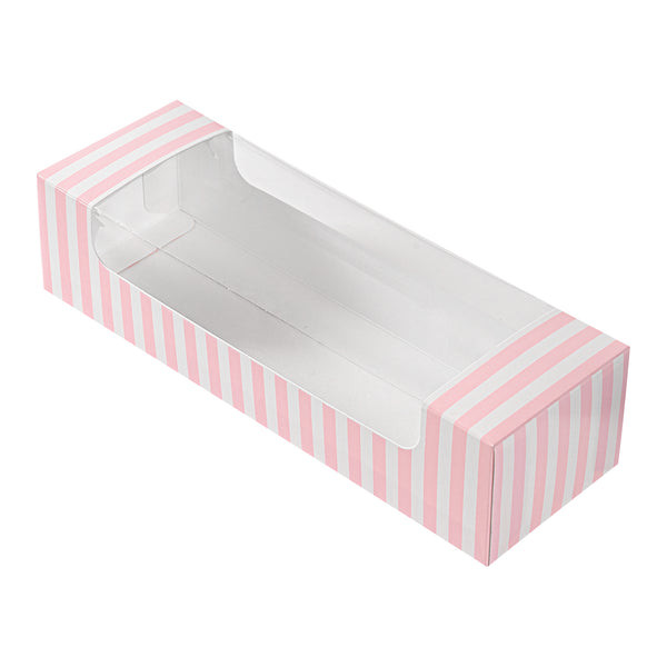 Restaurantware Pastry Tek Pink And White Stripe Paper Pastry / Cake Box - With Window - 9 3/4" X 3 1/4" X 2 1/4" - 100 Count Box