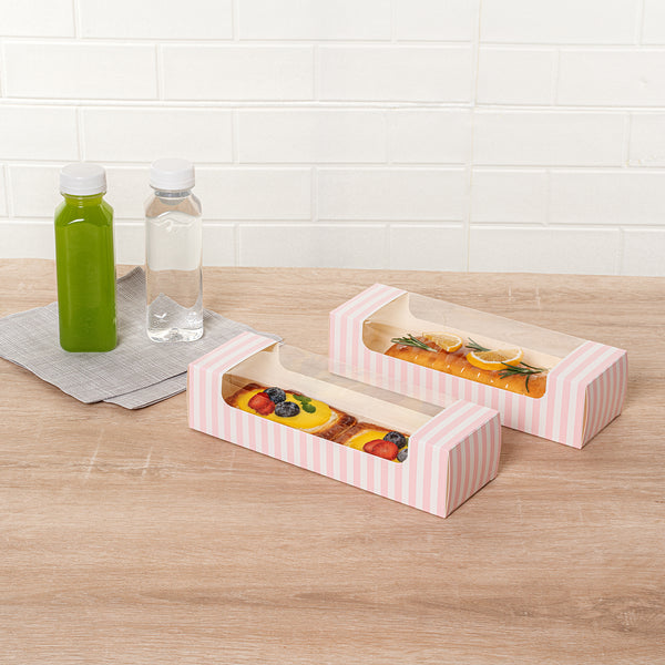 Restaurantware Pastry Tek Pink And White Stripe Paper Pastry / Cake Box - With Window - 9 3/4" X 3 1/4" X 2 1/4" - 100 Count Box
