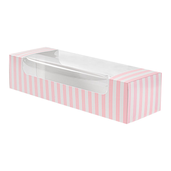 Restaurantware Pastry Tek Pink And White Stripe Paper Pastry / Cake Box - With Window - 9 3/4" X 3 1/4" X 2 1/4" - 100 Count Box