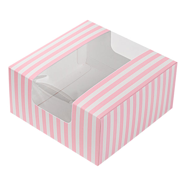Restaurantware Pastry Tek Pink And White Stripe Paper Pastry / Cake Box - With Window - 6 1/4" X 6 1/4" X 3 1/4"- 100 Count Box