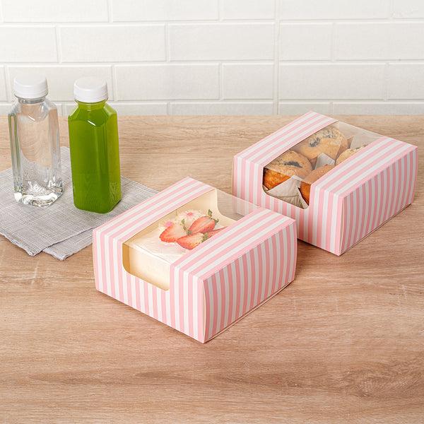 Restaurantware Pastry Tek Pink And White Stripe Paper Pastry / Cake Box - With Window - 6 1/4" X 6 1/4" X 3 1/4"- 100 Count Box