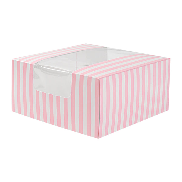 Restaurantware Pastry Tek Pink And White Stripe Paper Pastry / Cake Box - With Window - 6 1/4" X 6 1/4" X 3 1/4"- 100 Count Box