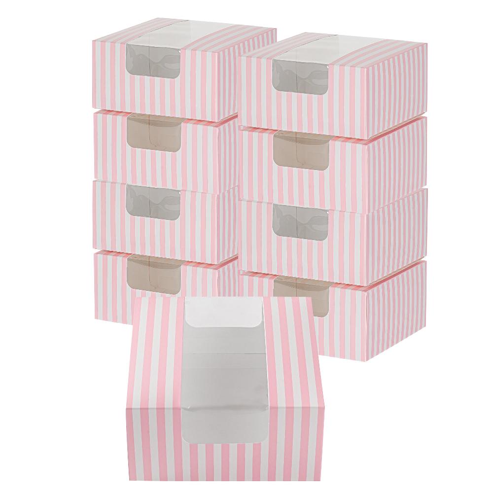 restaurantware Pastry Tek Pink and White Stripe Paper Pastry / Cake Box - with Window - 6 1/4" x 6 1/4" x 3 1/4"- 100 count box