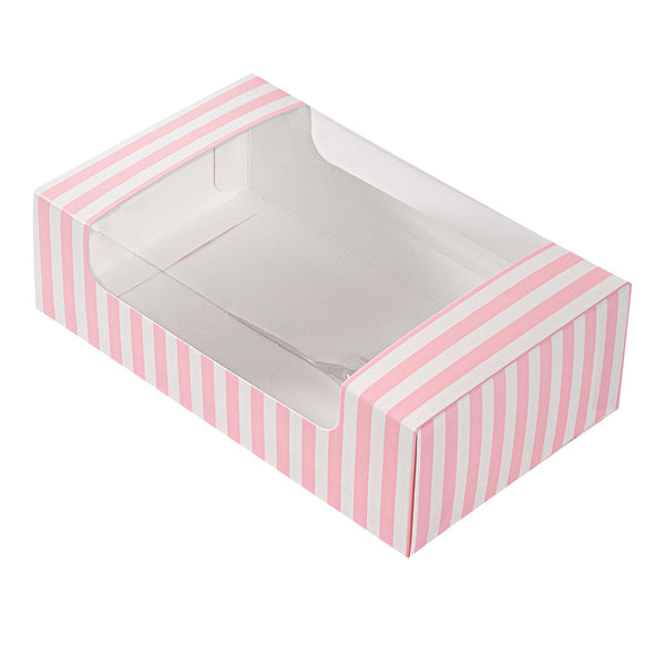 Restaurantware Pastry Tek Pink And White Stripe Paper Pastry / Cake Box - With Window - 7 3/4" X 4 3/4" X 2 1/4" - 100 Count Box