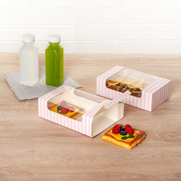 Restaurantware Pastry Tek Pink And White Stripe Paper Pastry / Cake Box - With Window - 7 3/4" X 4 3/4" X 2 1/4" - 100 Count Box