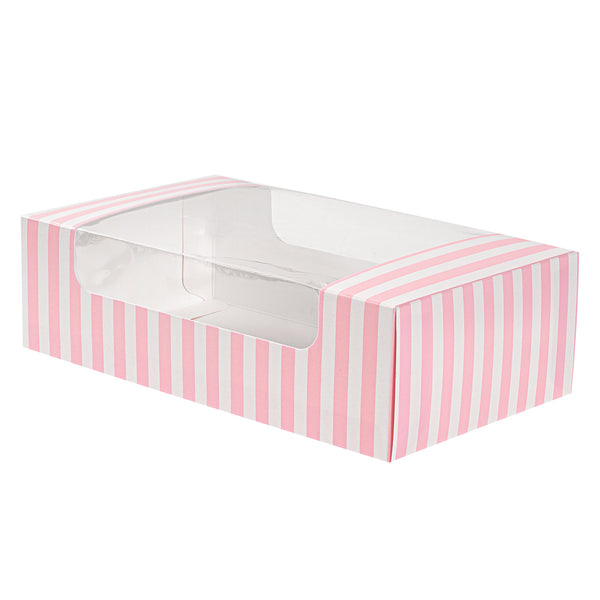 Restaurantware Pastry Tek Pink And White Stripe Paper Pastry / Cake Box - With Window - 7 3/4" X 4 3/4" X 2 1/4" - 100 Count Box