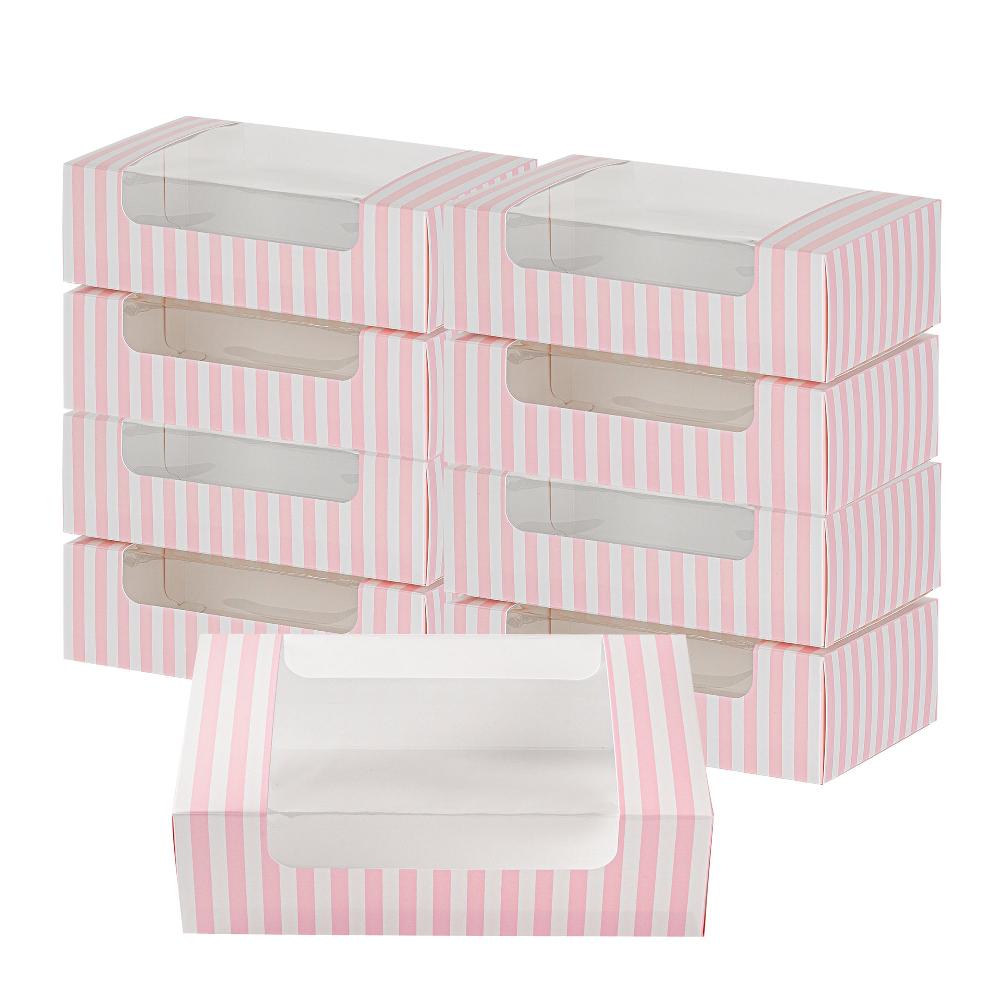 restaurantware Pastry Tek Pink and White Stripe Paper Pastry / Cake Box - with Window - 7 3/4" x 4 3/4" x 2 1/4" - 100 count box