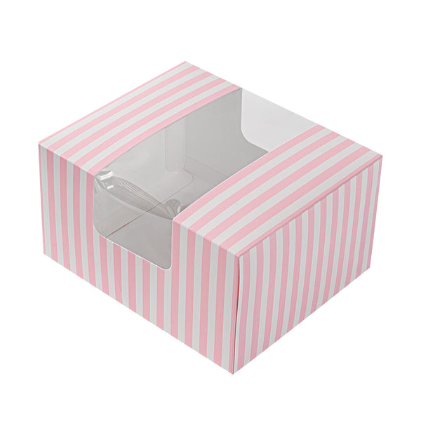 Restaurantware Pastry Tek Pink And White Stripe Paper Pastry / Cake Box - With Window - 7" X 6" X 4" - 100 Count Box