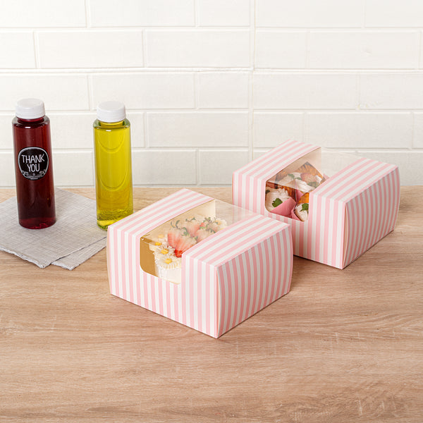 Restaurantware Pastry Tek Pink And White Stripe Paper Pastry / Cake Box - With Window - 7" X 6" X 4" - 100 Count Box